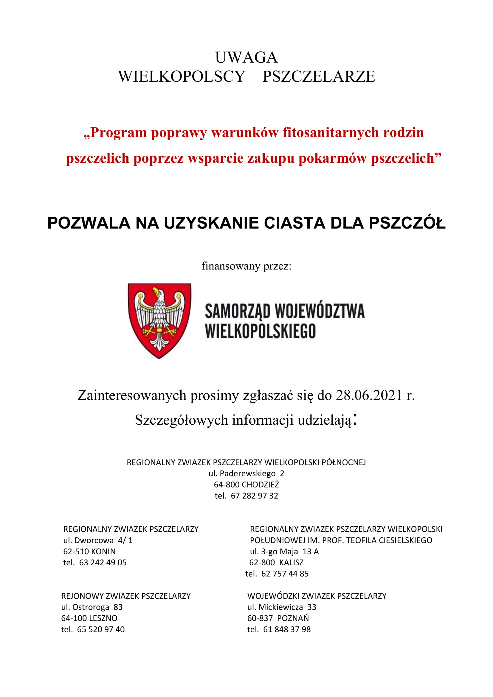 informacja dla pszczelarzy
